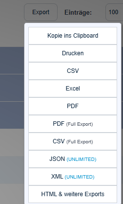 Export-Menü in CoinTracking mit den Einträgen Kopie ins Clipboard, Drucken, CSV, Excel, PDF und weiteren