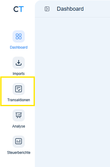 Seitenleiste von CoinTracking, der Eintrag „Transaktionen“ ist markiert