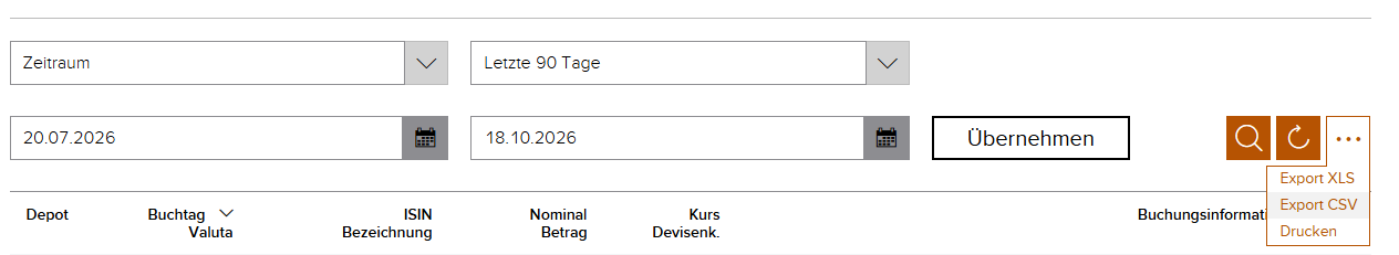 Depotumsätze bei flatex mit Zeitraum, der Schaltfläche „Übernehmen“ und dem geöffneten Menü mit „Export XLS“, „Export CSV“ und „Drucken“