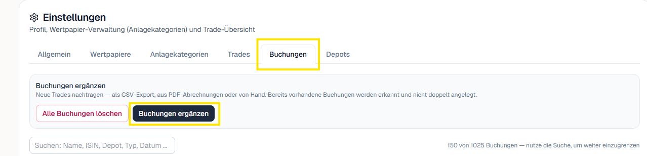 Einstellungen in Metrum, Reiter „Buchungen“ mit der Schaltfläche „Buchungen ergänzen“