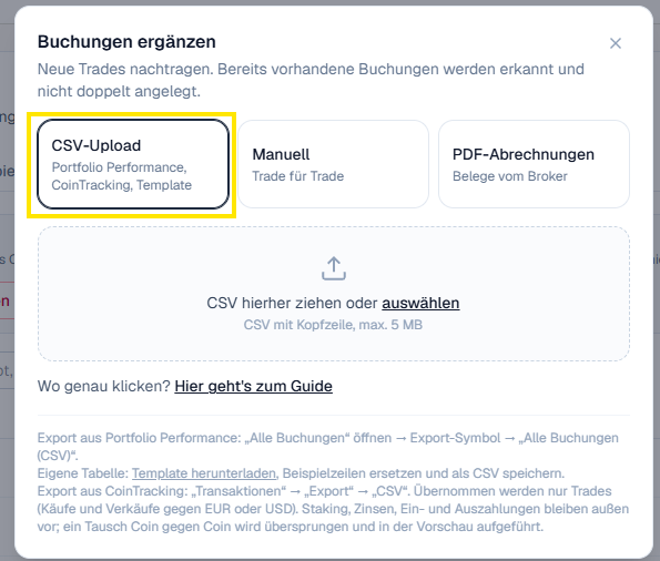Import-Dialog in Metrum mit der ausgewählten Kachel „CSV-Upload“ und der Fläche zum Hineinziehen der Datei