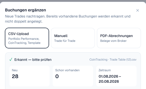 Vorschau im Import-Dialog nach dem Einlesen eines CoinTracking-Exports: 28 neue Buchungen, 0 schon vorhanden, Zeitraum 1. bis 20. August 2026