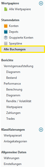 Seitenleiste von Portfolio Performance, der Eintrag „Alle Buchungen“ unter „Stammdaten“ ist markiert