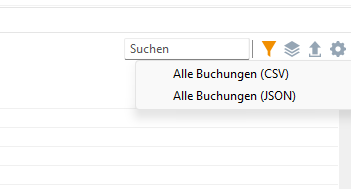 Export-Menü in Portfolio Performance mit den Einträgen „Alle Buchungen (CSV)“ und „Alle Buchungen (JSON)“