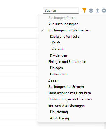 Filter-Menü in Portfolio Performance, „Buchungen mit Wertpapier“ ist angehakt