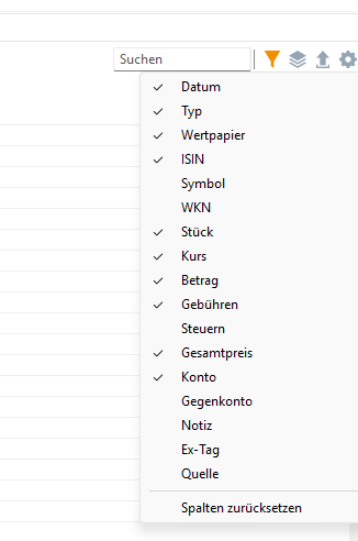 Spalten-Menü in Portfolio Performance mit angehakten Spalten Datum, Typ, Wertpapier, ISIN, Stück, Kurs, Betrag, Gebühren, Gesamtpreis und Konto