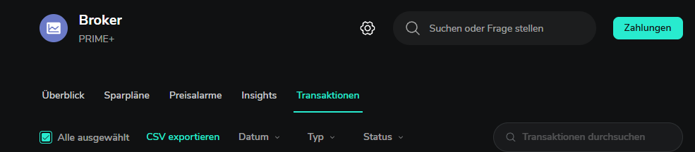 Broker-Ansicht von Scalable Capital mit dem Reiter „Transaktionen“, angehaktem „Alle ausgewählt“ und dem Link „CSV exportieren“