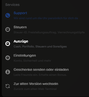 Menü von Trade Republic, Bereich „Services“ mit dem Eintrag „Auszüge“