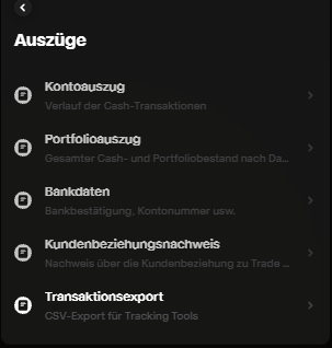 Liste „Auszüge“ in Trade Republic mit dem Eintrag „Transaktionsexport – CSV-Export für Tracking Tools“