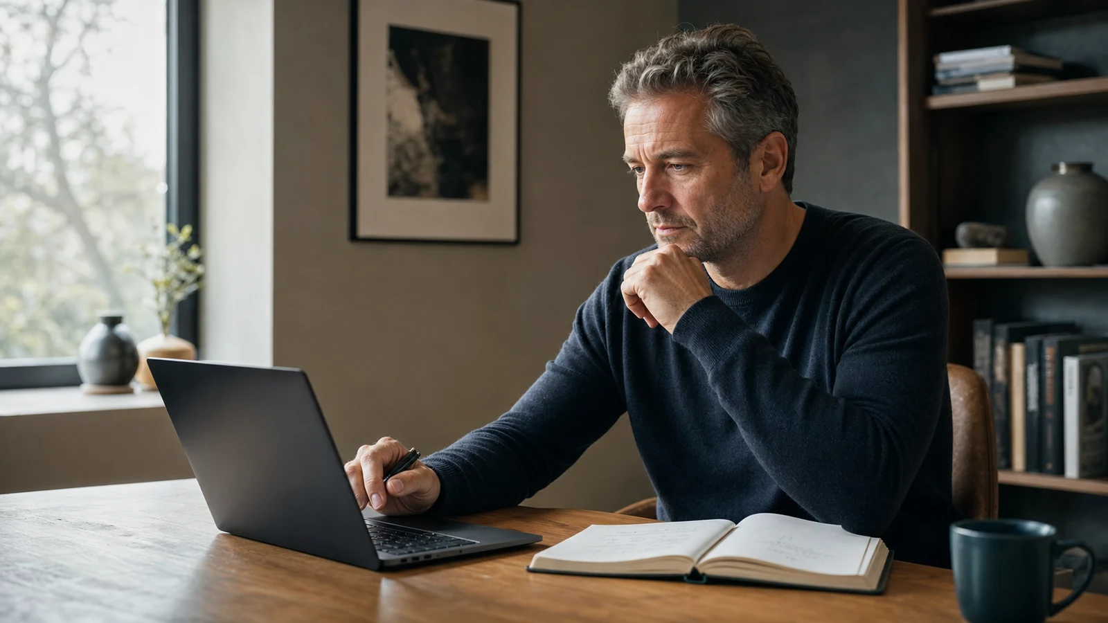 Erfahrener Unternehmer bei einem strukturierten Review seines eigenen Portfolios